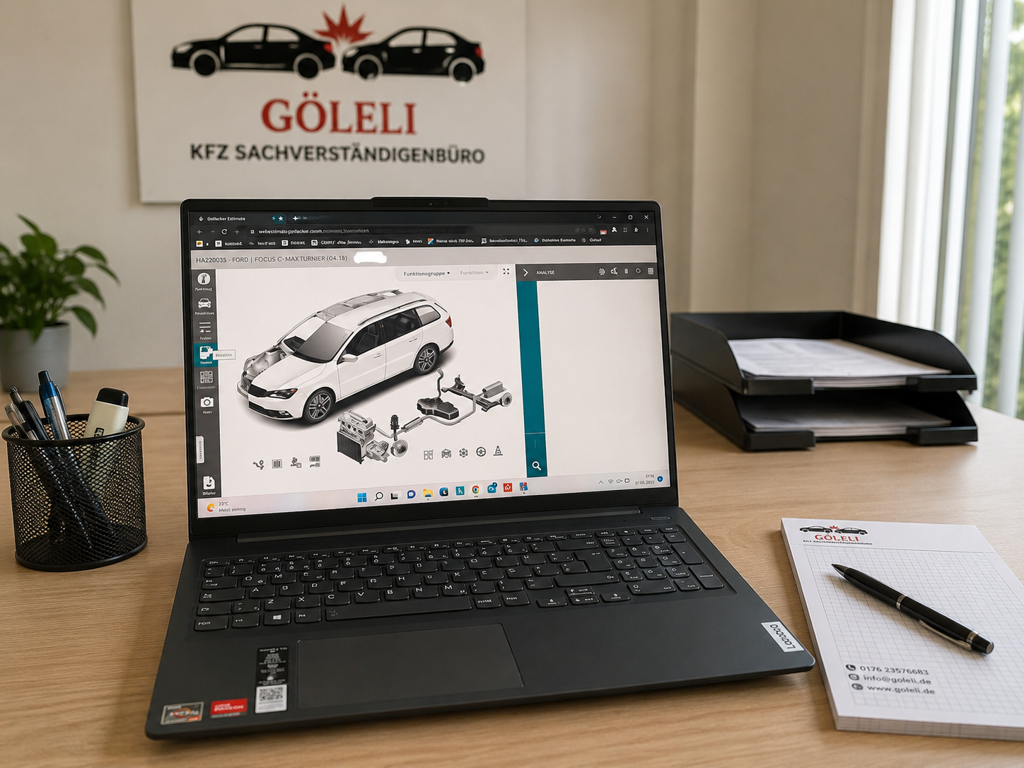 Arbeitsplatz zur digitalen Gutachtenerstellung im Kfz-Sachverständigenbüro Göleli